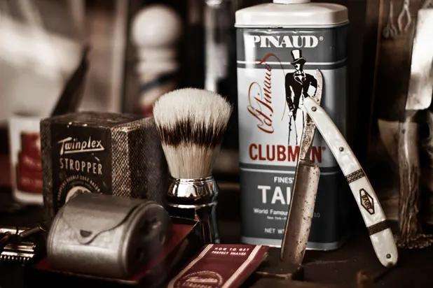 Vintage Pinaud Clubman talc and shaving brush at the shaving station